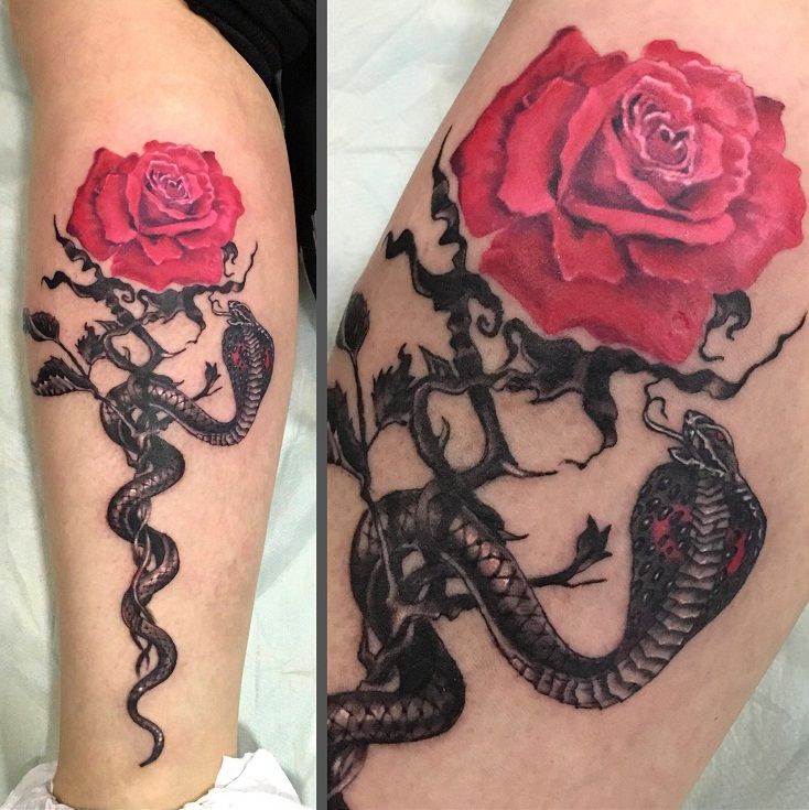 Татуировка роза со змеей