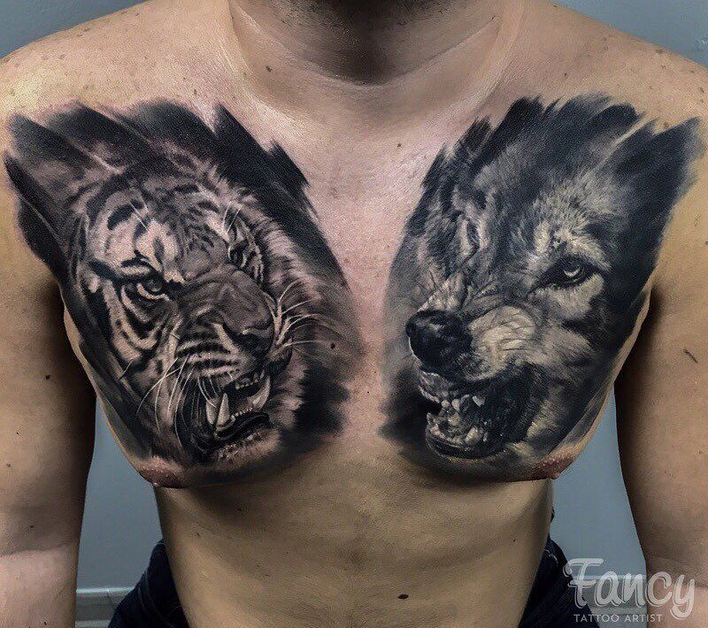 Тату тигр и волк на грудине мужские